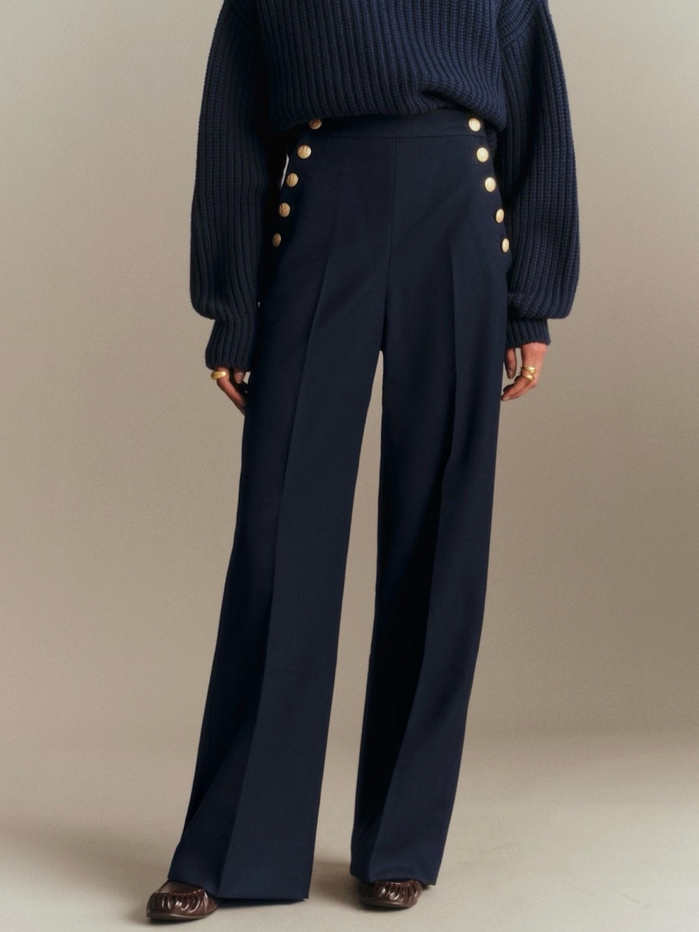 NWT 🇫🇷 Sézane Marino Trousers High-Waist Navy Pants with Gold Button Detail